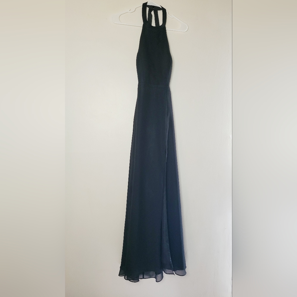 Azazie Bridesmaid Dress Black Clarice Maxi Size C Snap Closure Straps Wedding